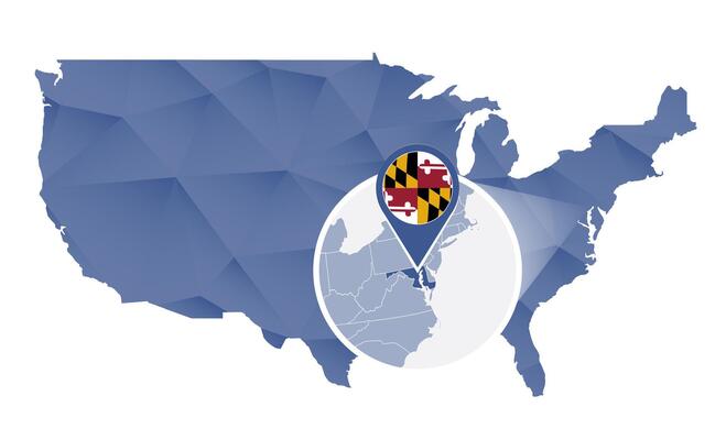 Maryland State magnified on United States map.