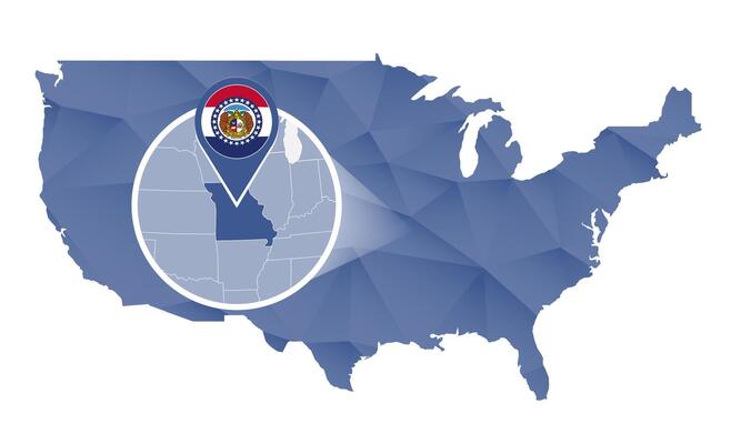 Missouri State magnified on United States map.