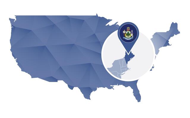 Maine State magnified on United States map.