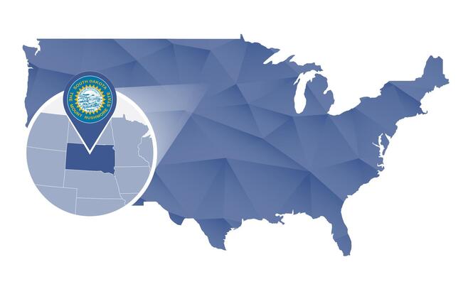 South Dakota State magnified on United States map.