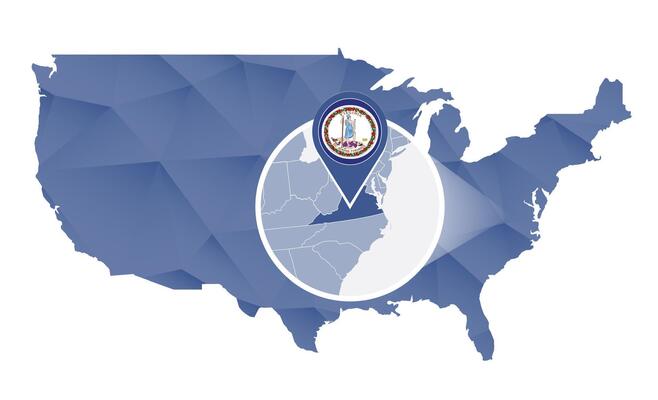 Virginia State magnified on United States map.
