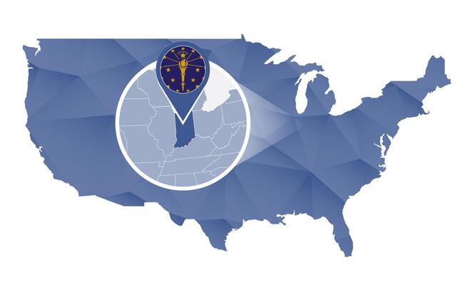 Indiana State magnified on United States map.