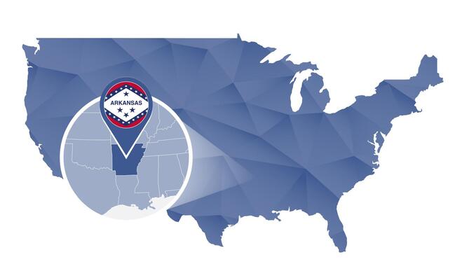 Arkansas State magnified on United States map.