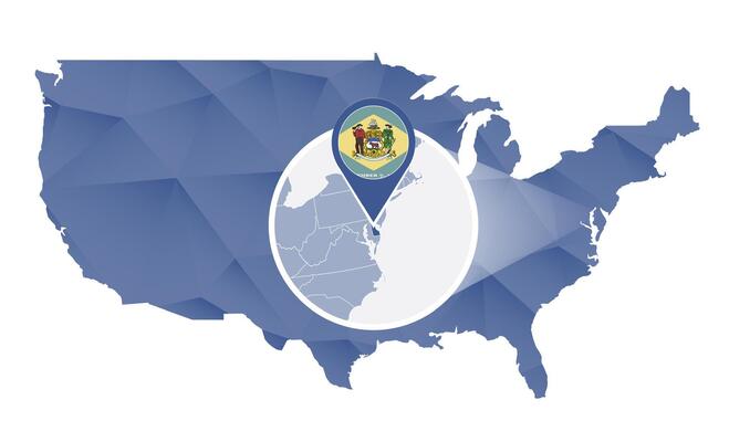 Delaware State magnified on United States map.