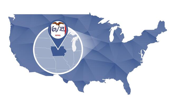 Iowa State magnified on United States map.