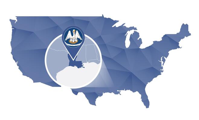 Louisiana State magnified on United States map.