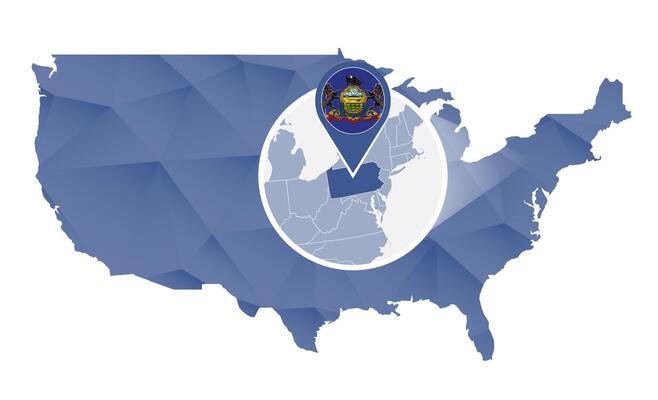 Pennsylvania State magnified on United States map.