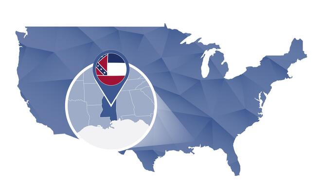 Mississippi State magnified on United States map.