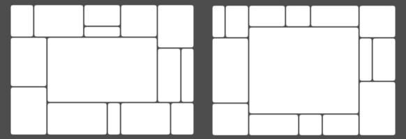 White grid template bento box ui. Photo frame collage layout design. Puzzle mosaic blocks for picture gallery page. Light mood board mockup horizontal banner. Flat y2k dashboard presentation slide vector