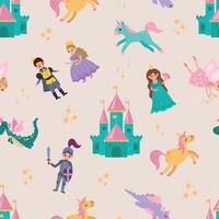 Seamless pattern with princesses, knights and dragons. Endless textures for your design vector