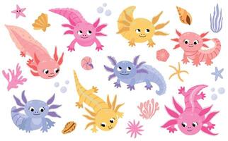 Set of hand drawn axolotls on white isolated background vector
