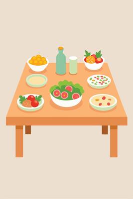 Delicious Buffet Table Salads, Fruits, and Dishes Await