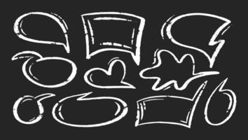 Chalk speech bubble set. Crayon dialogue cloud frame by pencil. Talk cute charcoal box. Doodle illustration on blackboard vector