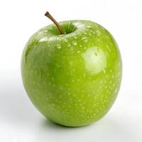 Fresh green apple with leaf and water droplets isolated on white background. Clipping path. photo