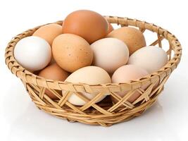 Front view of brown chicken eggs in stack in wicker basket is isolated on white background photo