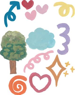 a drawing of various symbols colorful watercolor
