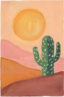 a painting of a cactus in the desert with a sun in the background vector