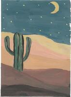 a painting of a desert scene with a cactus and moon vector