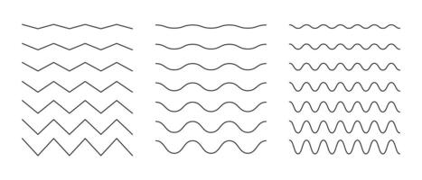 Set of waves line. Wave ornament patterns. Water, river, lake, sea, ocean symbol. Wave thin line background. Zigzag, wavy undulate borders, transverse horizontal underline. Sine, fluid, air, wind sign vector