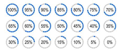 Percentage infographics minimal elements. Round diagrams icons for infographics from 0 to 100 percent. Blue, grey color fill divided pie charts indicator layout. Circle graph loading progress mockup. vector