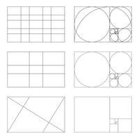 Golden ratio layout set. Method golden section mockup. Fibonacci array, numbers shapes. Harmony proportions frames. Outline graphic illustration. vector