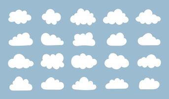 White flat clouds in blue sky. Puffy, fluffy, cumulus clouds on a blue background. Cloudy shapes mockup. Weather abstract simple elements template. Objects cloudscape layout. vector