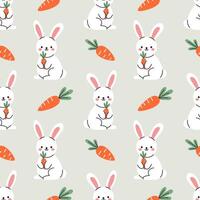 kids easter seamless pattern with cute funny bunnies and carrots in flat design. Cute funny baby rabbits design on gray background. Wrapping paper or fabric design. Kawaii seamless pattern. vector