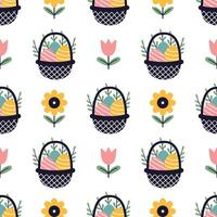 seamless pattern with easter eggs in basket. Cute basket filled with colorful easter eggs and flowers on white background in flat design. Wrapping paper design. Easter seamless pattern. vector