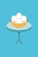 Five White Eggs in a Basket on a Small Table vector