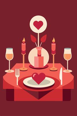 Romantic Valentines Day Dinner Candles, Hearts, Table Setting
