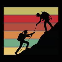 Man Climbing Mountain in Retro Sunset Glow vector