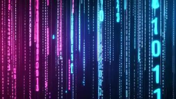 Abstract digital background with glowing pink and blue binary code streams. video