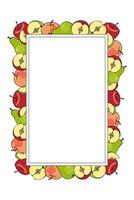 vertical frame of colored apples and pears, hand-drawn in cartoon style. vector