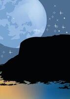 A silhouette of a man standing on a cliff with a moon in the background vector