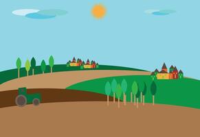 Farm landscape with tractor and trees vector