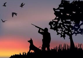 Silhouette of a man and dog with a bird in the background vector