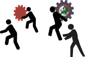 People pushing a gear wheel with a globe on it vector