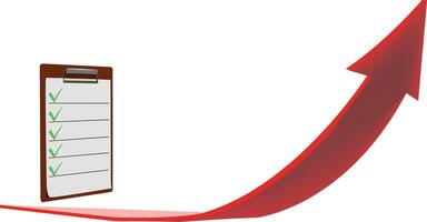 A red arrow is pointing up to a clipboard with a checklist vector