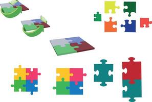 Colorful puzzle pieces showing different stages of completion and rotation vector