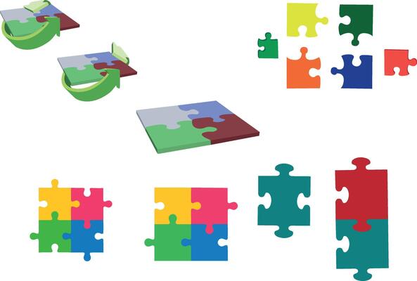Colorful puzzle pieces showing different stages of completion and rotation