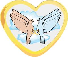 Two doves in a heart with clouds and a ring vector