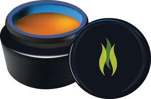 A jar of oil with a green leaf on it vector