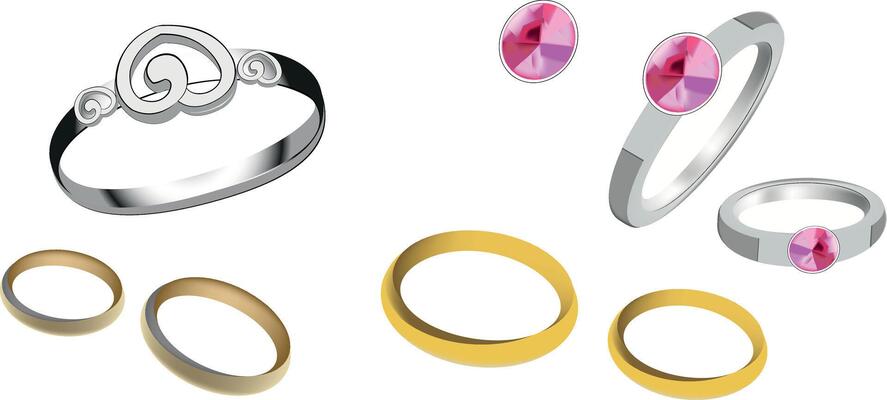 A set of rings and earrings on a white background