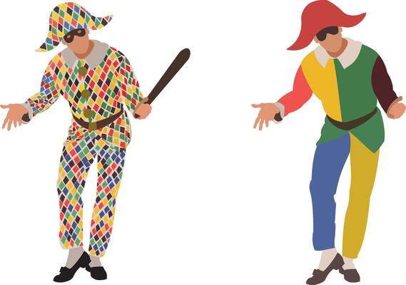 Two men dressed in colorful costumes holding a bat