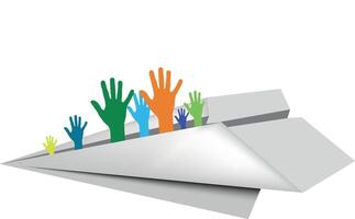 Paper airplane with hands and hands on it vector