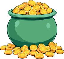 Green pot overflowing with gold coins representing wealth and abundance vector