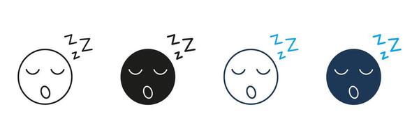 Sleeping Face with ZZZ Line and Silhouette Icon Set. Peaceful Rest and Sleepy Expression Symbol. Face with Closed Eyes and ZZZ Sign, Nap Concept. Editable Stroke. Isolated Illustration vector