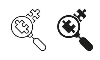 Magnifier and Puzzle Parts Line and Silhouette Icon Set. Magnifying Glass with Jigsaw Pieces Outline Sign. Problem Solving Pictogram. Editable Stroke. Isolated Illustration vector