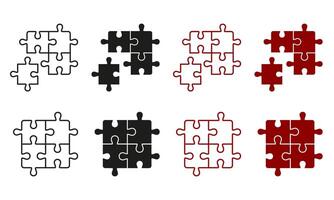 Puzzle Square Pieces Match Line and Silhouette Icon Set. Logic Combination Pictogram. Jigsaw Solution Concept. Editable Stroke. Isolated Illustration vector