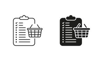 Purchase Checklist Line and Silhouette Icon Set. Grocery List to Buy Pictogram. Order List with Basket Symbol. Editable Stroke. Isolated Illustration vector